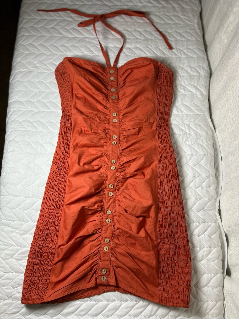 Free People Strapless Ruched Button-Front Dress in Burnt Orange